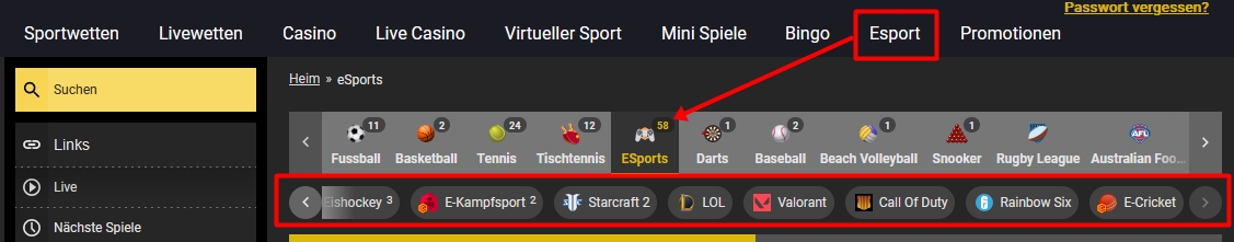 Auswahl von Sport mit eSport