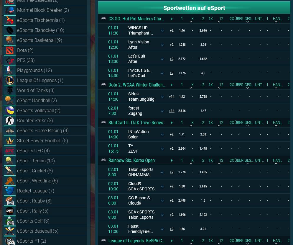 Verfügbare e-sport-Turniere